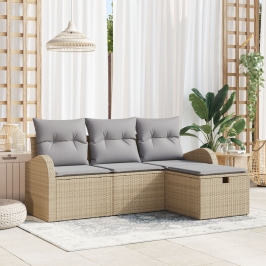 Conjunto de Sofás de Jardín de 4 Piezas con Cojines Beige Ratán Poliéster, Sofá de Jardín de 2 Plazas con Almacenamiento y Cojines Beige Ratán Poliéster