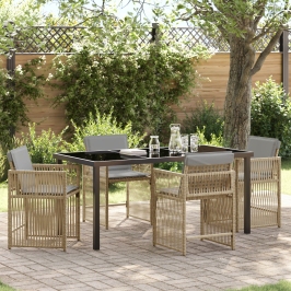 Juego de Comedor de Jardín de 5 Piezas con Cojines Beige Poliratán