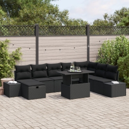 Conjunto de Sofá de Jardín de 9 Piezas con Cojines Negro de Rattan