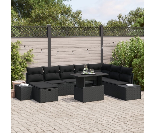 Conjunto de Sofá de Jardín de 9 Piezas con Cojines Negro de Rattan