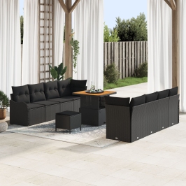 Juego de Sofá de Jardín de 11 Piezas con Cojines Negro Ratán Poli Acacia,  Sofá de Jardín de 2 Plazas con Cojines Negro Ratán Poli,  Juego de Comedor de Jardín de 3 Piezas con Cojines Negro Ratán Poli Acacia