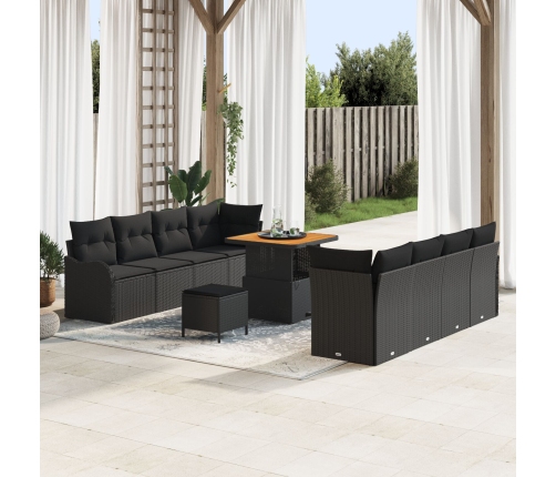 Juego de Sofá de Jardín de 11 Piezas con Cojines Negro Ratán Poli Acacia,  Sofá de Jardín de 2 Plazas con Cojines Negro Ratán Poli,  Juego de Comedor de Jardín de 3 Piezas con Cojines Negro Ratán Poli Acacia
