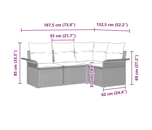 Conjunto de sofá de jardín de 4 piezas con cojines Beige Ratán sintético