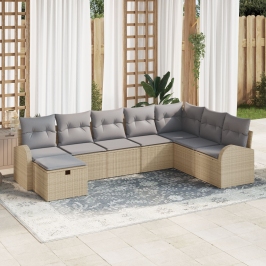 Set de Sofás de Jardín de 8 Piezas con Cojines Beige Ratán Poliéster