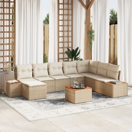 Juego de Sofá de Jardín de 9 Piezas con Cojines Beige de Polirratán y Acacia