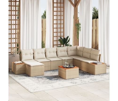 Juego de Sofá de Jardín de 9 Piezas con Cojines Beige de Polirratán y Acacia