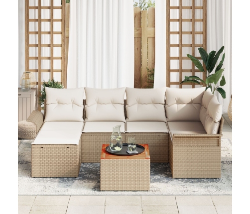 Set de 7 Piezas de Sofá de Jardín con Cojines Beige de Ratán Sintético y Acacia