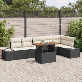 Conjunto de Comedor de Jardín de 7 piezas con Cojines Negro Poliratán Acacia