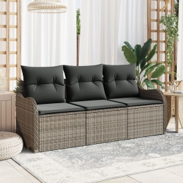 Set de Sofá de Jardín de 3 Piezas  con Cojines Gris de Ratán Poli