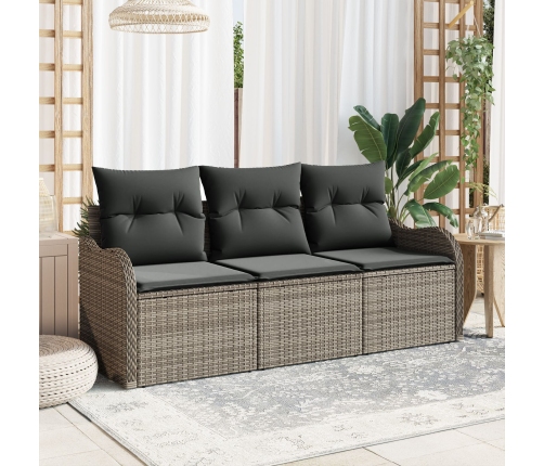 Set de Sofá de Jardín de 3 Piezas  con Cojines Gris de Ratán Poli