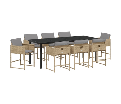 Set de Comedor de Jardín de 9 Piezas con Cojines Ratán Poliéster Beige