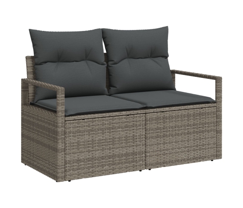 Juego de Sofás de Jardín de 10 Piezas con Cojines Gris Polirratán Acacia,  Sofá de Jardín de 2 Plazas con Almacenamiento y Cojines Gris Polirratán,  Juego de Comedor de Jardín de 4 Piezas con Cojines Gris Polirratán Acacia
