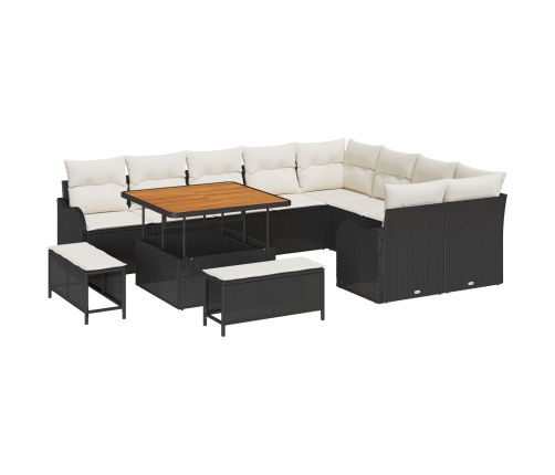 Set de Sofá de Jardín de 12 Piezas con Cojines Negro Poliratán Acacia,  Sofá de Jardín de 2 Plazas con Almacenamiento y Cojines Negro Poliratán,  Set de Comedor de Jardín de 3 Piezas con Cojines Negro Poliratán Acacia