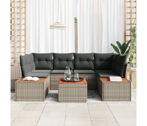 Conjunto de Sofás de Jardín de 7 Piezas con Cojines Gris Ratán Poliéster Acacia