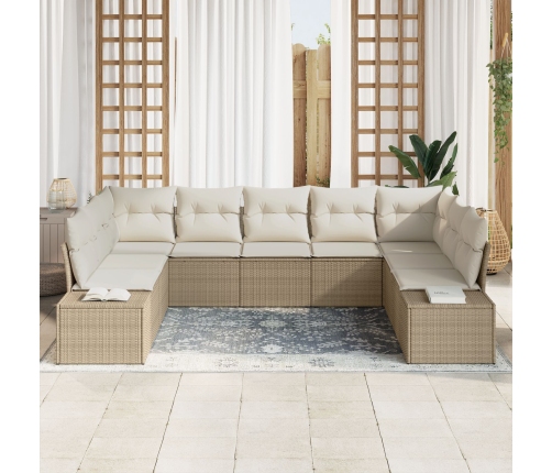 Conjunto de Sofá de Jardín  de 9 Piezas con Cojines Beige Poliratán