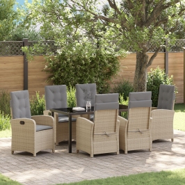 Juego de Comedor de Jardín de 7 Piezas con Cojines Beige Poliratán