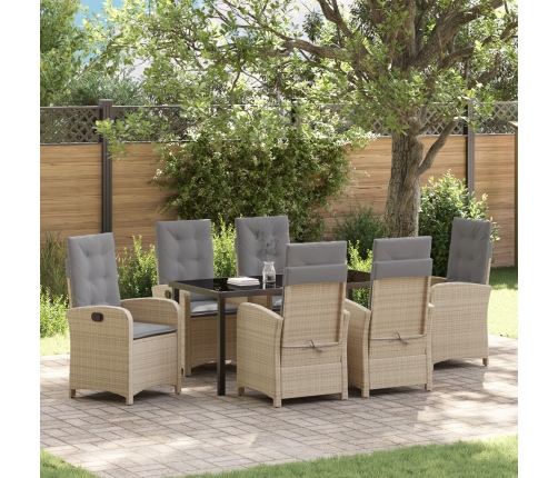 Juego de Comedor de Jardín de 7 Piezas con Cojines Beige Poliratán