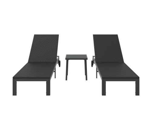 Tumbonas  2 pcs con ruedas y mesa negro de poliratán