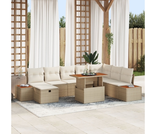 Conjunto de Sofá de Jardín de 9 Piezas con Cojines Beige Ratan