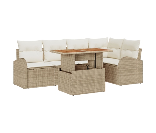 Juego de Comedor para Jardín de 6 Piezas con Cojines Beige de Poliratán Acacia