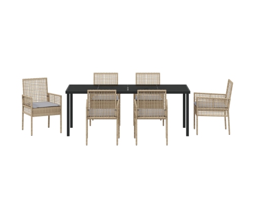 Juego de Comedor de Jardín de 7 Piezas con Cojines Beige Poliratán