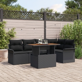 Conjunto de Comedor de Jardín de 6 Piezas con Cojines Negro de Poliratán Acacia