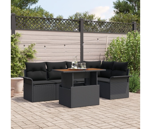 Conjunto de Comedor de Jardín de 6 Piezas con Cojines Negro de Poliratán Acacia