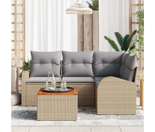 Juego de Sofá de Jardín de 5 Piezas con Cojines en Beige Polirratán y Acacia