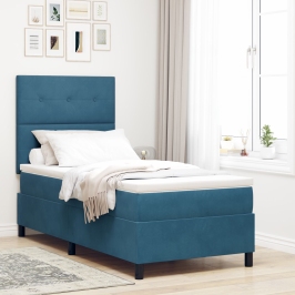 Cama de muelles con colchón  Azul oscuro Individual Terciopelo