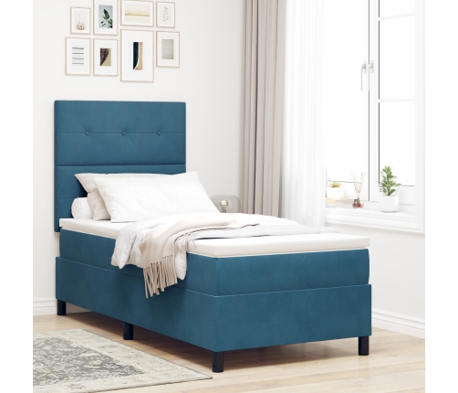 Cama de muelles con colchón  Azul oscuro Individual Terciopelo