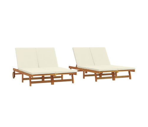 Chaiselongue doble  con ruedas y cojín de madera de acacia maciza