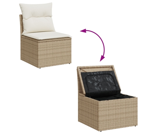 Sofá de jardín  9 piezas con cojines beige de ratán PE y acacia, Comedor de jardín  3 piezas con cojines beige de ratán PE y acacia
