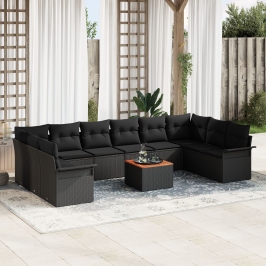 Conjunto de Sofás de Jardín de 11 Piezas con Cojines Negro Poliratán Acacia