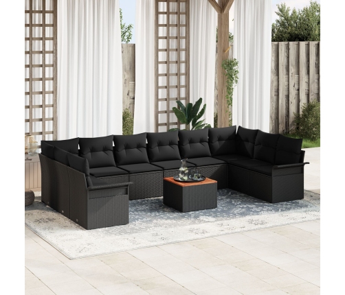 Conjunto de Sofás de Jardín de 11 Piezas con Cojines Negro Poliratán Acacia