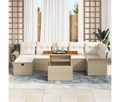 Set de sofá de jardín de 8 piezas con cojines beige de ratán sintético