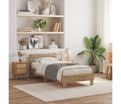 Cama  con luces LED en roble artesanal 90x190 cm de madera compuesta