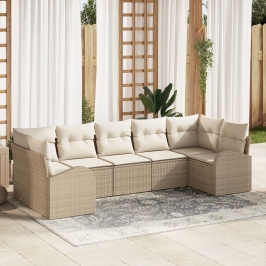 Conjunto de Sofá de Jardín  de 7 Piezas con Cojines Beige Poliratán