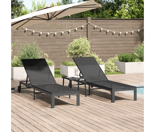 Tumbonas  2 pcs con ruedas y mesa negro de poliratán