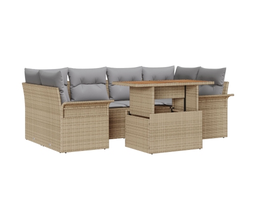 Conjunto de Sofás de Jardín de 7 Piezas con Cojines Beige de Ratán Poliéster Acacia