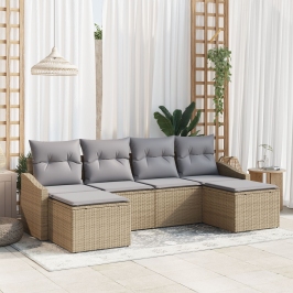 Conjunto de Comedor de Jardín de 6 Piezas con Cojines Ratán Poliéster Beige