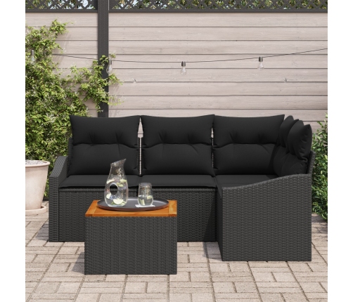 Set de Sofá de 5 Piezas  con Cojines Negro Poliratán Acacia