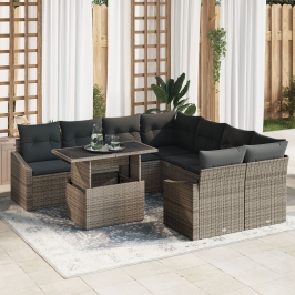 Conjunto de sofá de 9 piezas para jardín con cojines gris poliratán