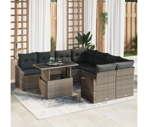 Conjunto de sofá de 9 piezas para jardín con cojines gris poliratán