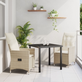 Set de Comedor de Jardín de 3 Piezas  con Cojines Beige Poliratán
