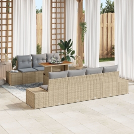 Juego de Sofás de Jardín de 8 Piezas con Cojines Beige Ratán Poliéster
