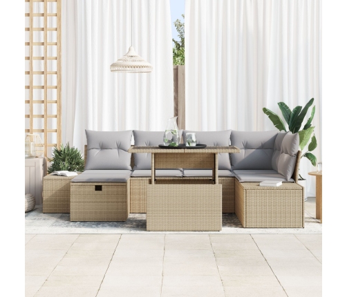 Conjunto de Sofá de Jardín de 7 Piezas con Cojines Beige de Ratán Poliéster