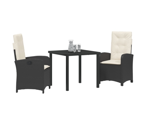 Juego de comedor de jardín de 3 piezas con cojines de ratán negro