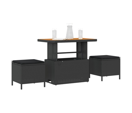 Conjunto de Comedor de Jardín de 3 Piezas con Cojines Negro de Poliratán y Acacia