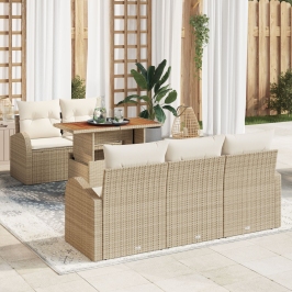 Conjunto de Comedor de Jardín de 6 Piezas con Cojines Beige Ratán Poli Acacia