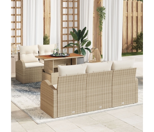 Conjunto de Comedor de Jardín de 6 Piezas con Cojines Beige Ratán Poli Acacia